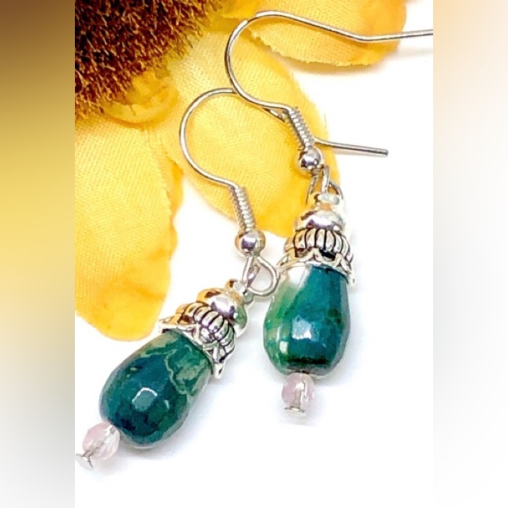 Dark Green White Gray Indian Agate Teardrop Czech Glass Bali Style Drop Earrings